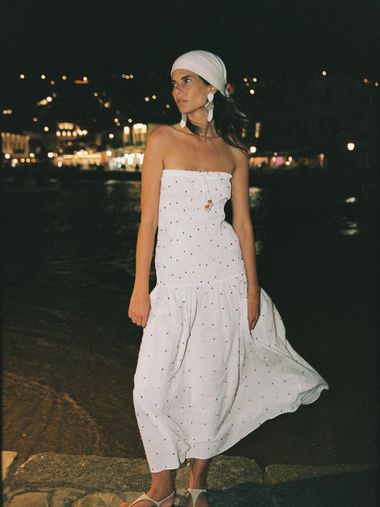 Zara Pompom Embroidered Midi Dress Strapless Cotton White Boho L Nwt Summer